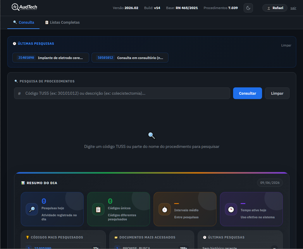 Tela principal do AudTech com consulta e painel de auditoria